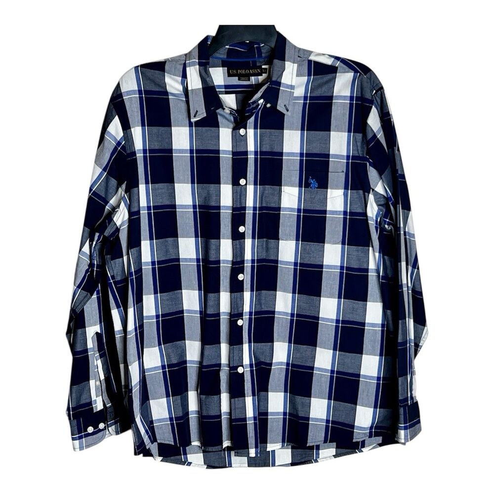 U.S. Polo Assn Button Down Shirt Size XL Blue Plaid Long Sleeves Cotton